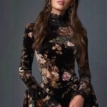 Vintage fashionable floral print lace spliced flared sleeve fitted short dress - Image 2