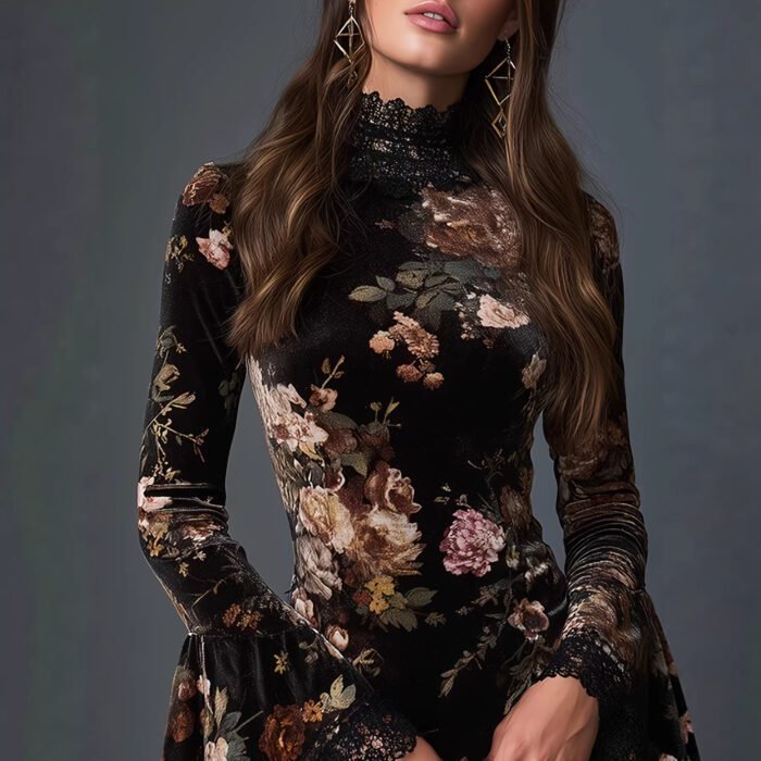 Vintage fashionable floral print lace spliced flared sleeve fitted short dress - Image 2