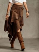 Retro Western Style Irregular Design Suede Skirt Solid Color Midi Skirt - Image 7