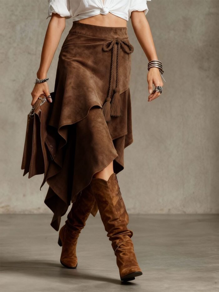 Retro Western Style Irregular Design Suede Skirt Solid Color Midi Skirt - Image 7