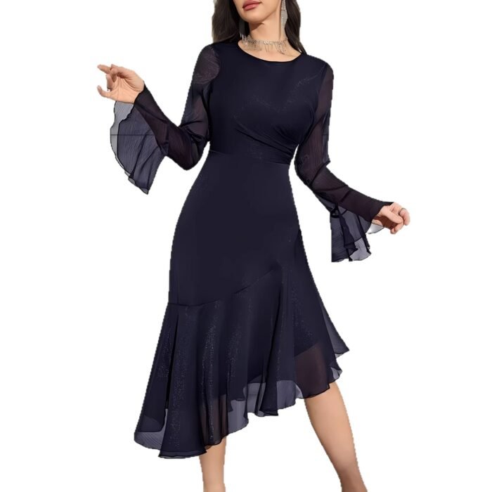 Elegant Round Neck Dress with Irregular Ruffle Pleats Slim Fit Long Sleeve New Style - Image 5