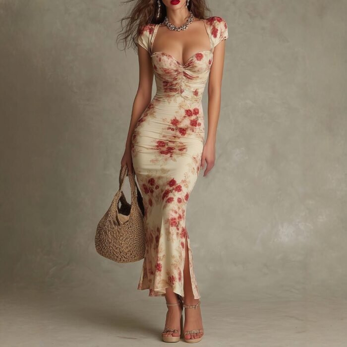 580005489 Vintage Printed Fitted Dress Elegant Slim Fit Bodycon Long Dress Evening Gown - Image 1