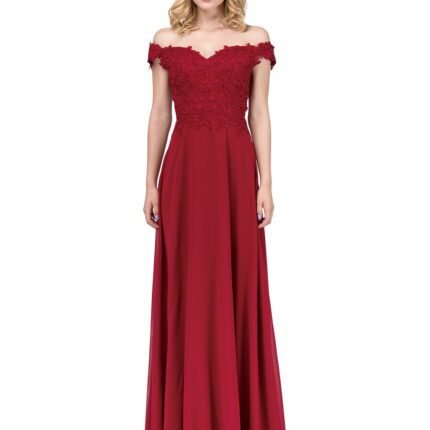 Meadow Breeze Off-Shoulder Chiffon Gown in burgundy