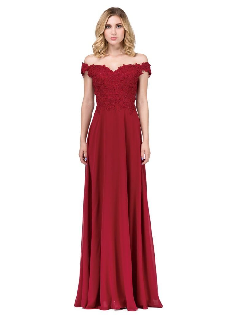 Meadow Breeze Off-Shoulder Chiffon Gown in burgundy
