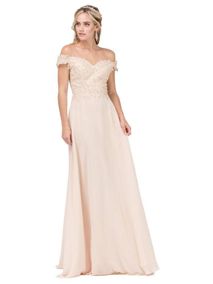 Meadow Breeze Off-Shoulder Chiffon Gown in champagne