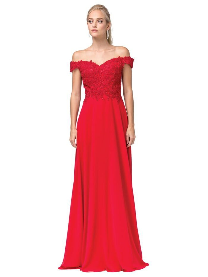 Meadow Breeze Off-Shoulder Chiffon Gown in red