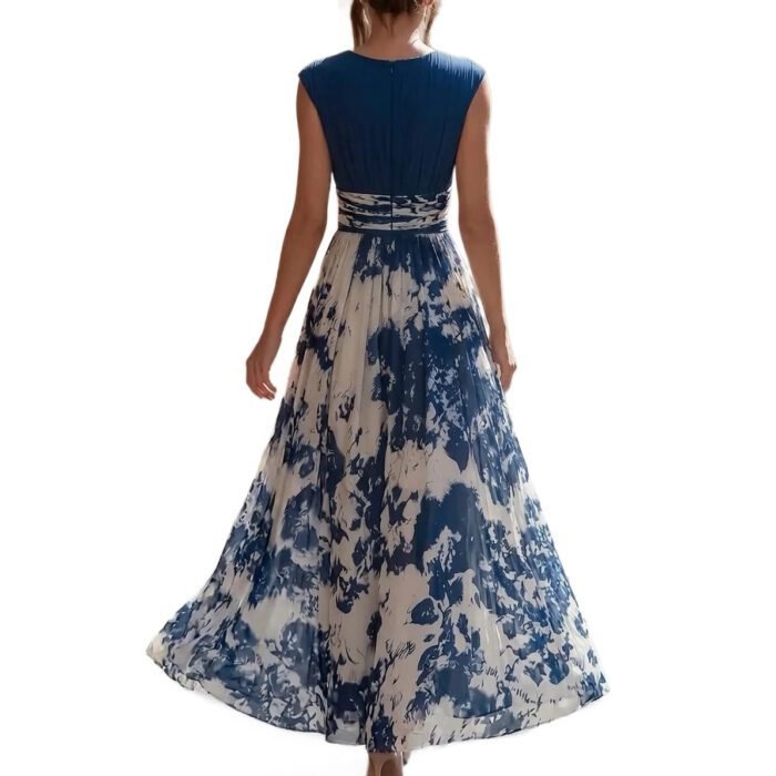 Elegant Long Sleeveless V-Neck Blue and White Porcelain Print Dress Summer Formal Dress - Image 5