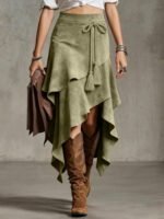 Retro Western Style Irregular Design Suede Skirt Solid Color Midi Skirt - Image 8