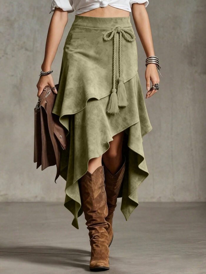 Retro Western Style Irregular Design Suede Skirt Solid Color Midi Skirt - Image 8