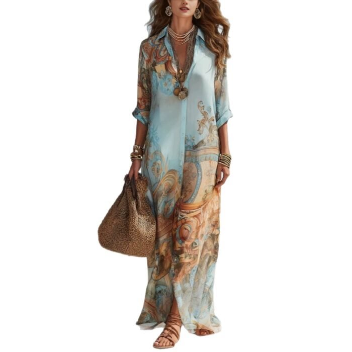Blue Tone Printed Chiffon Turn-down Collar Split Resort Beach Dress - Image 5
