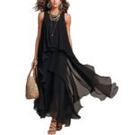 Chic Flowy Black Sleeveless Asymmetrical Chiffon Long Dress - Image 4