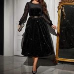 Velvet Dress with Lace Splicing Long SleeveWomen's Fashion Dress - Image 2