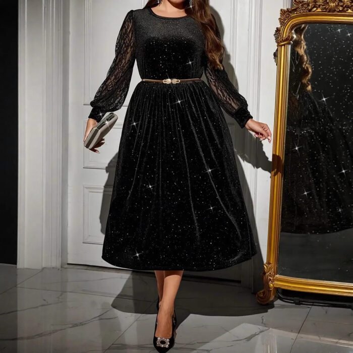 Velvet Dress with Lace Splicing Long SleeveWomen's Fashion Dress - Image 2
