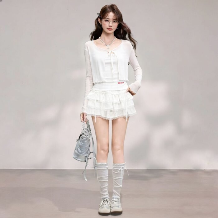 Long Sleeve Cardigan with Strap Dress, Summer Sheer Bolero with Ruffles - Image 2