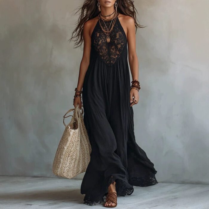 580006033 Style Black Lace Trim Sleeveless Long Dress Loose Vacation Style Maxi Dress Lace Dress - Image 1