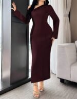 Elegant Red Asymmetrical Neck Long Sleeve Dress for Women Pleated Waist-Fitted Bodycon Style, Chic and Sophisticated Design - Image 6
