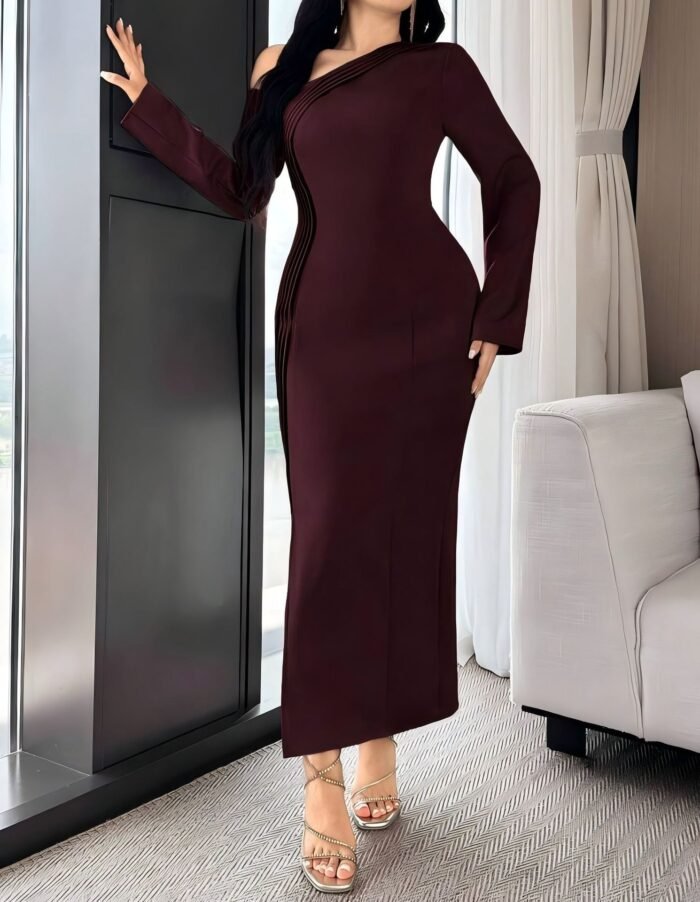Elegant Red Asymmetrical Neck Long Sleeve Dress for Women Pleated Waist-Fitted Bodycon Style, Chic and Sophisticated Design - Image 6
