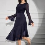 Elegant Round Neck Dress with Irregular Ruffle Pleats Slim Fit Long Sleeve New Style - Image 3