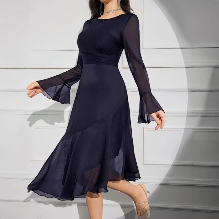 Elegant Round Neck Dress with Irregular Ruffle Pleats Slim Fit Long Sleeve New Style - Image 3