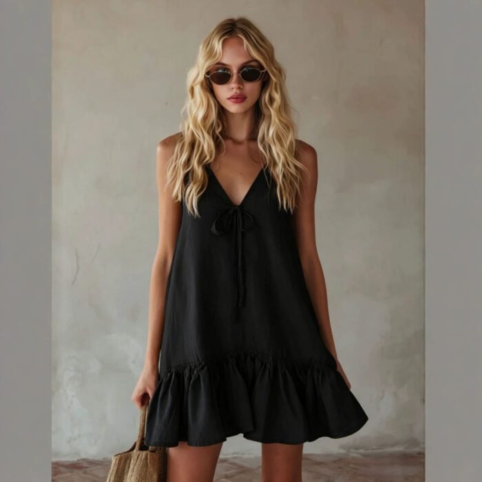 Vintage Vacation Style V-Neck Sleeveless Ruffle Loose Dress - Image 3