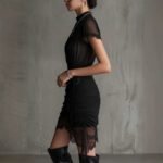 New European black see through lace patchwork dress, slim and tall, slit skirt with lace - Image 3
