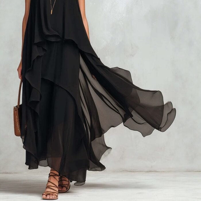 Chic Flowy Black Sleeveless Asymmetrical Chiffon Long Dress - Image 3