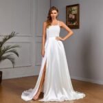 Sleeveless strapless white satin wedding evening dress