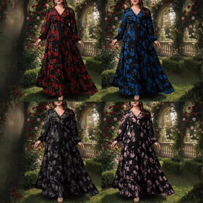 Oversize Printed Bohemian V-Neck Long Sleeve Flared Elegant Dress - Image 2