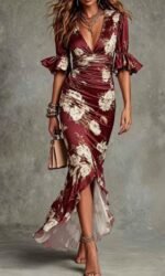 Elegant Long Dress with V-Neck, Fitted Silhouette, Floral Print and Ruffle Hem - Image 8
