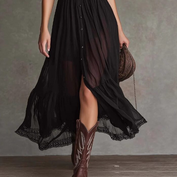 Cropped V-Neck Shirt Dress with Ruffled Hem and Side Slit, Dark Chic Style, Body-Con Fit, Long Skirt - Image 3