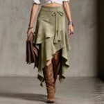 Retro Western Style Irregular Design Suede Skirt Solid Color Midi Skirt - Image 3