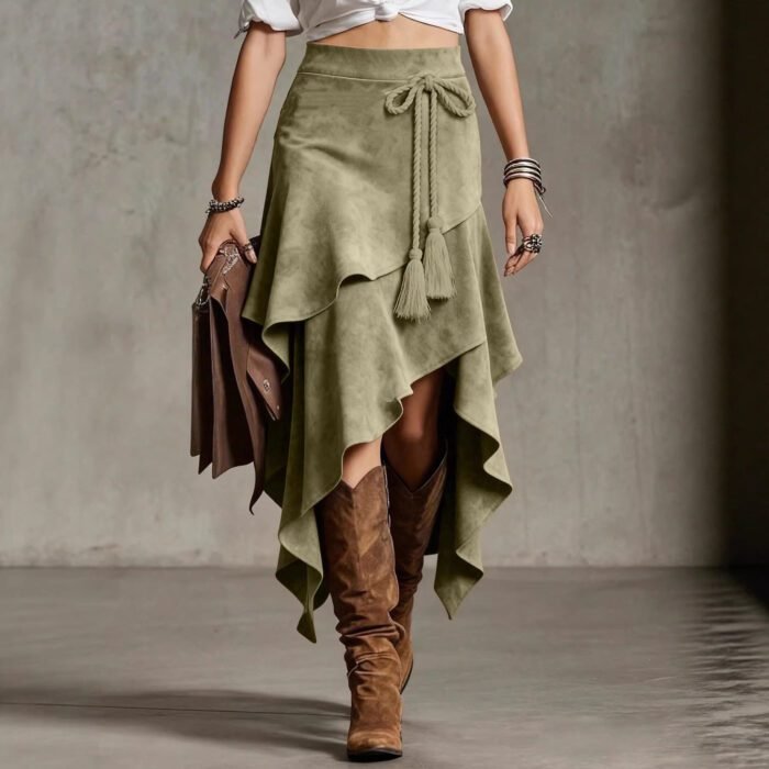 Retro Western Style Irregular Design Suede Skirt Solid Color Midi Skirt - Image 3