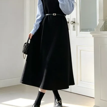 Contrast Sleeve A-Line Dress with Belt