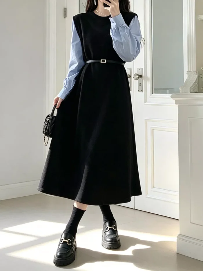 Contrast Sleeve A-Line Dress with Belt Contrast Sleeve A-Line Dress with Belt - Image 1