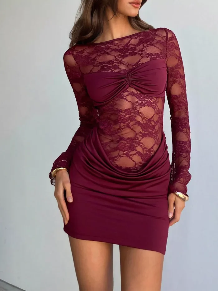 Lace Sheer Cutout Back Long Sleeve Ruched Dress - Image 3
