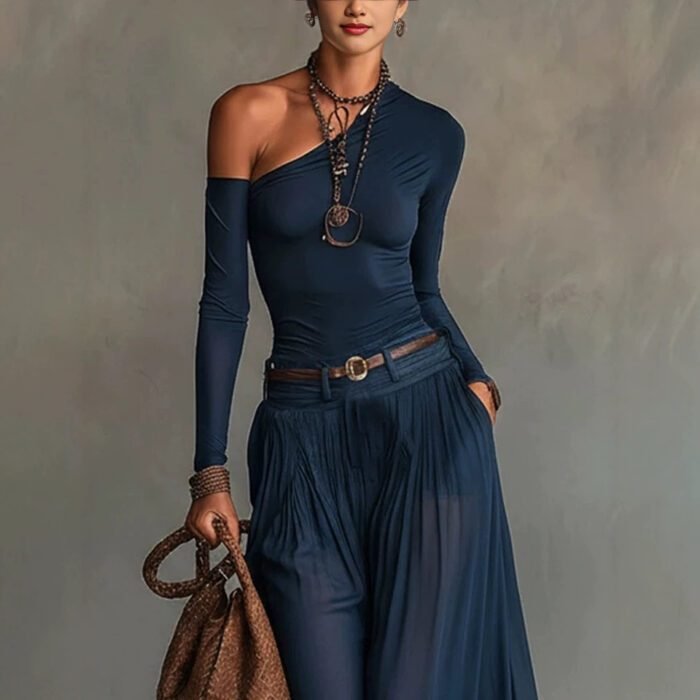 Fashionable Simple Solid Color Asymmetrical Shoulder Long Sleeve Casual Set with Belted Long Dress - Image 4