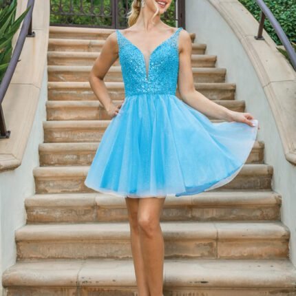 Golden Hour Beaded A-Line Dress in bahama blue