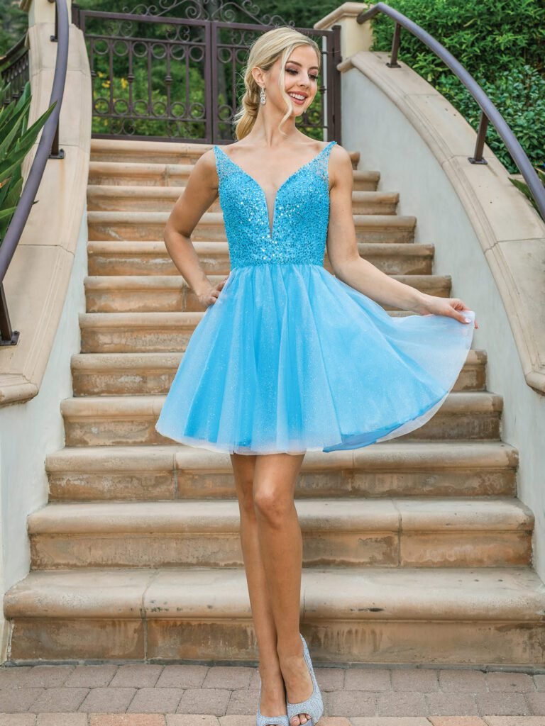 Golden Hour Beaded A-Line Dress in bahama blue