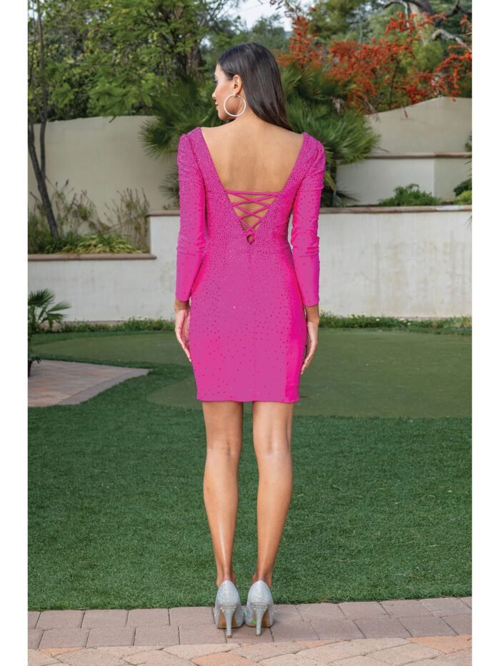 Rhinestone River Long-Sleeve Gown in fuchsia