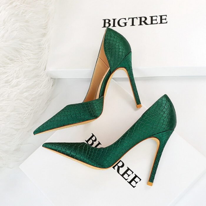 580013223 Thin heeled super high heels with shallow side hollow snake pattern silk high heels for women - Image 1