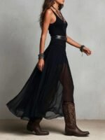 Summer New Black Strap Long Dress for Women, Mesh Dress with Belt - Image 6