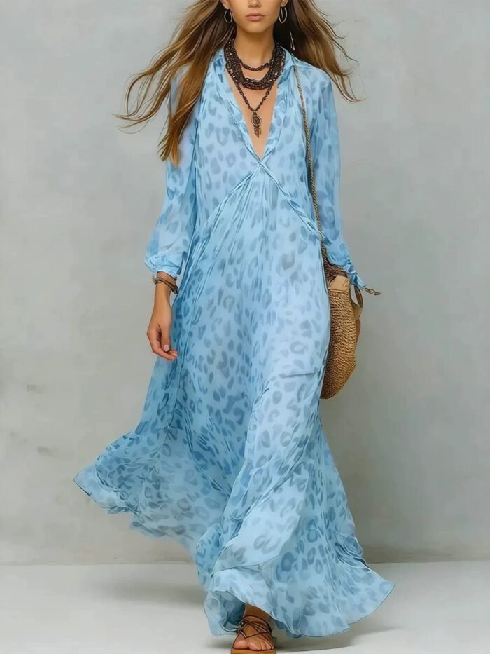 Leopard Print Chiffon Long Dress Deep V-Neck Three-Quarter Sleeve Flared Beach Vacation Dress - Image 6