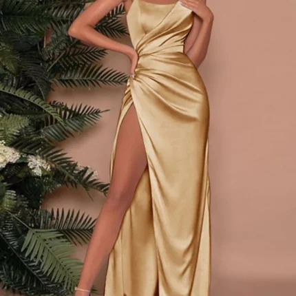 One-Shoulder Satin Maxi Dress with High Slit