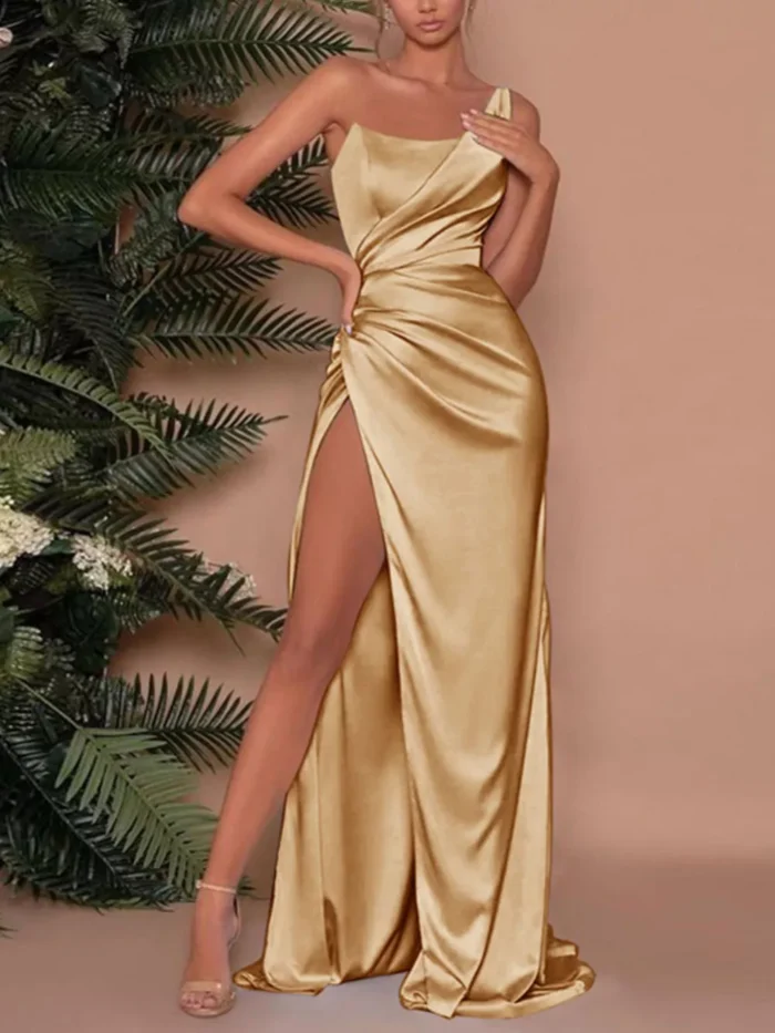 One-Shoulder Satin Maxi Dress with High Slit One-Shoulder Satin Maxi Dress with High Slit - Image 1