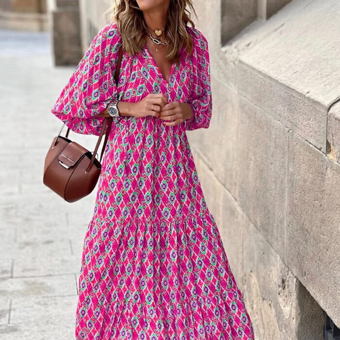 Bohemian Print Long Sleeve Maxi Dress for Women Fashion Spring Style Flowy Long Dress - Image 4