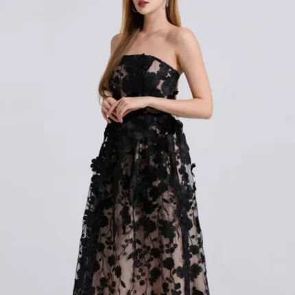 Floral Applique Strapless Midi Dress