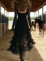 ElegantSolid Color Lace Panel High-Waisted Long Sleeve Square Neck Long Dress - Image 8