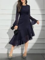Elegant Round Neck Dress with Irregular Ruffle Pleats Slim Fit Long Sleeve New Style - Image 6