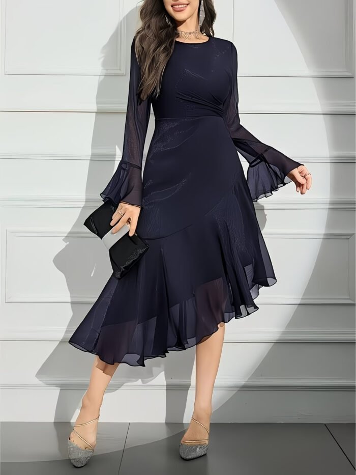 Elegant Round Neck Dress with Irregular Ruffle Pleats Slim Fit Long Sleeve New Style - Image 6