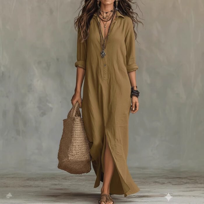 Spring Summer Solid Color Notch Lapel Front Slit Long Dress Casual Shirt Dress Lazy Style - Image 2
